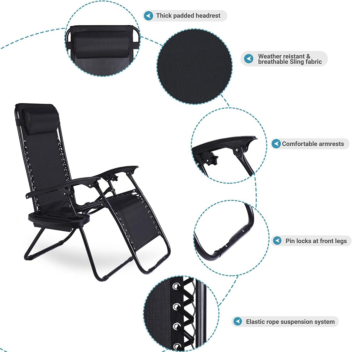 Aspect Zero Gravity Chair Set of 2, Outdoor Garden Sunloungers, Sturdy Textoline, Reclining Garden Chairs with Cup Holder and Pillow Headrest - Black