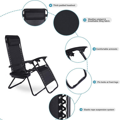 Aspect Zero Gravity Chair Set of 2, Outdoor Garden Sunloungers, Sturdy Textoline, Reclining Garden Chairs with Cup Holder and Pillow Headrest - Black