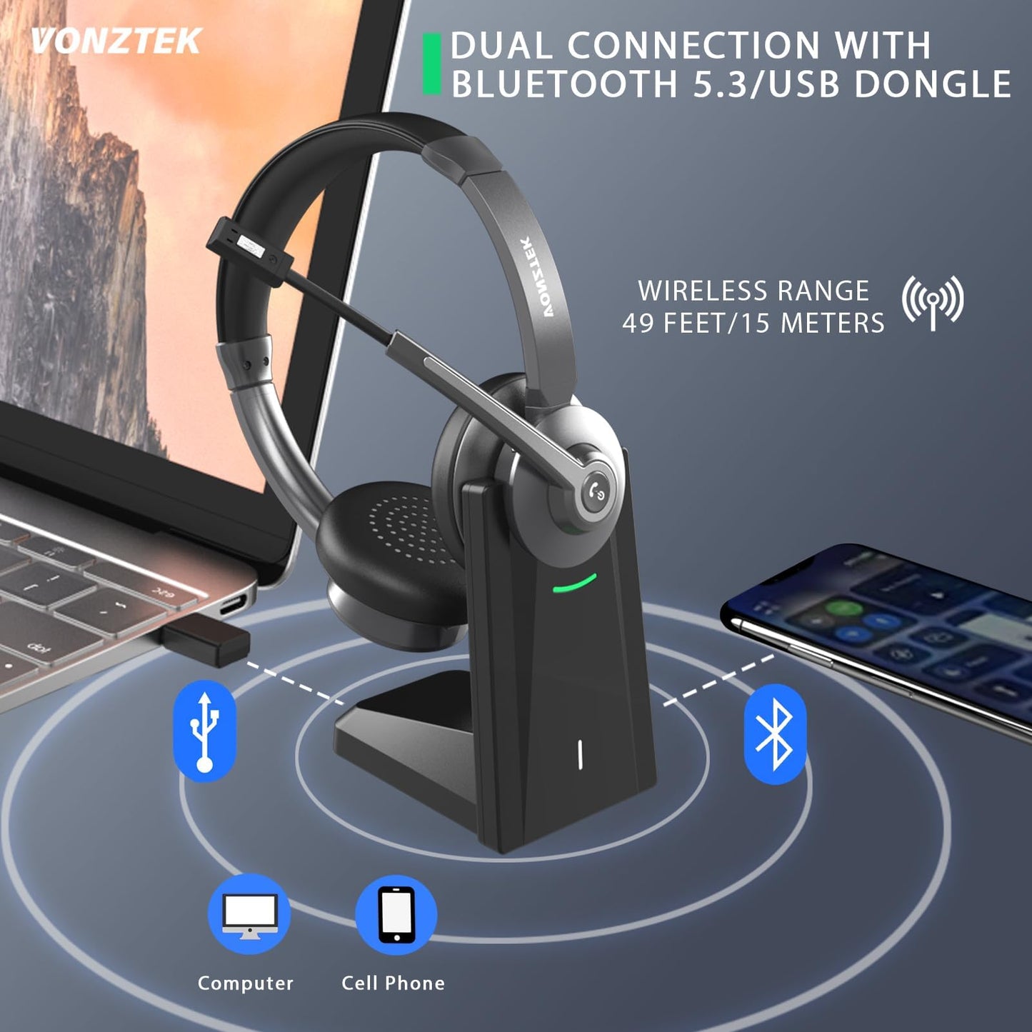 Bluetooth Headset,Wireless Headset with Microphone Noise Canceling & Mute, Wireless Headphones with Microphone with USB Dongle & Charging Dock for Office Skype Zoom Meeting