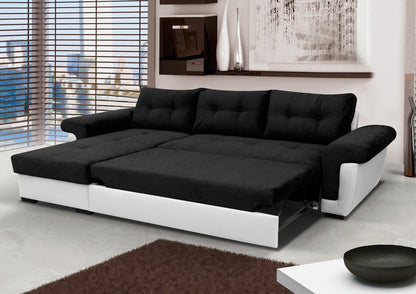 Corner Sofa Bed Black Soft Fabric/White PVC. Double Bed, Large Storage.