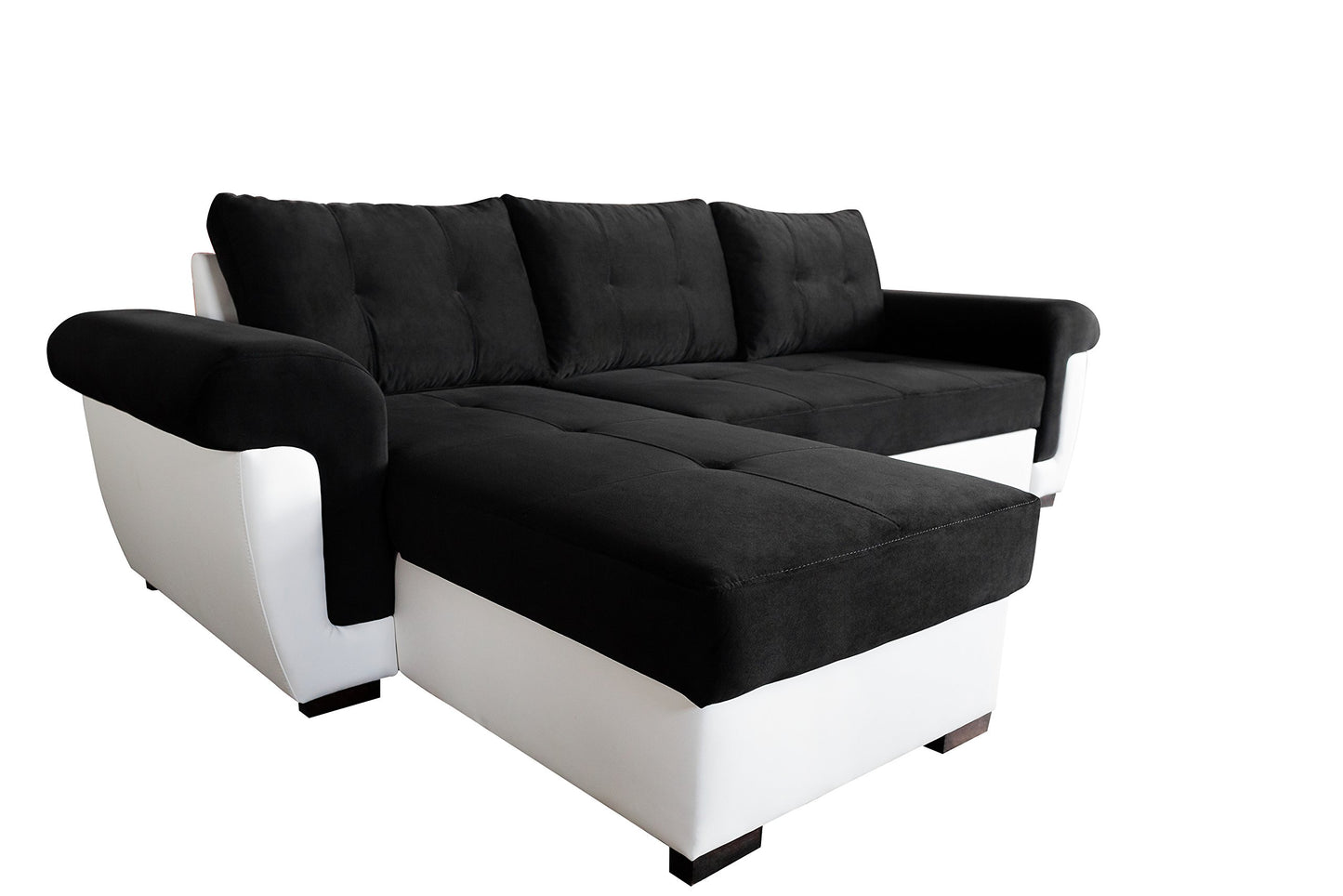 Corner Sofa Bed Black Soft Fabric/White PVC. Double Bed, Large Storage.