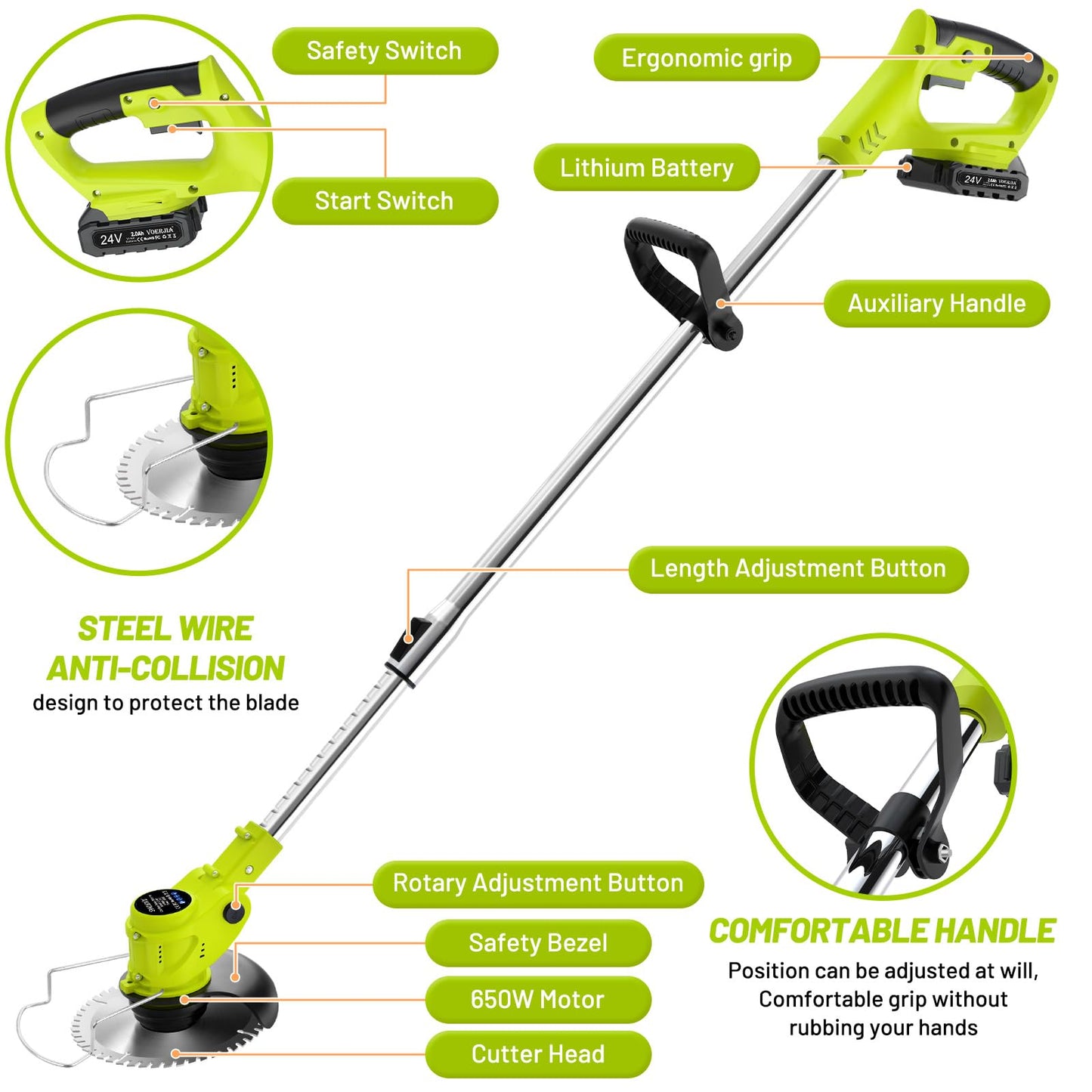 - VOERJIA 24V Metal Blade Strimmer, Telescopic Cordless Strimmer, 2x2000mAh Battery -