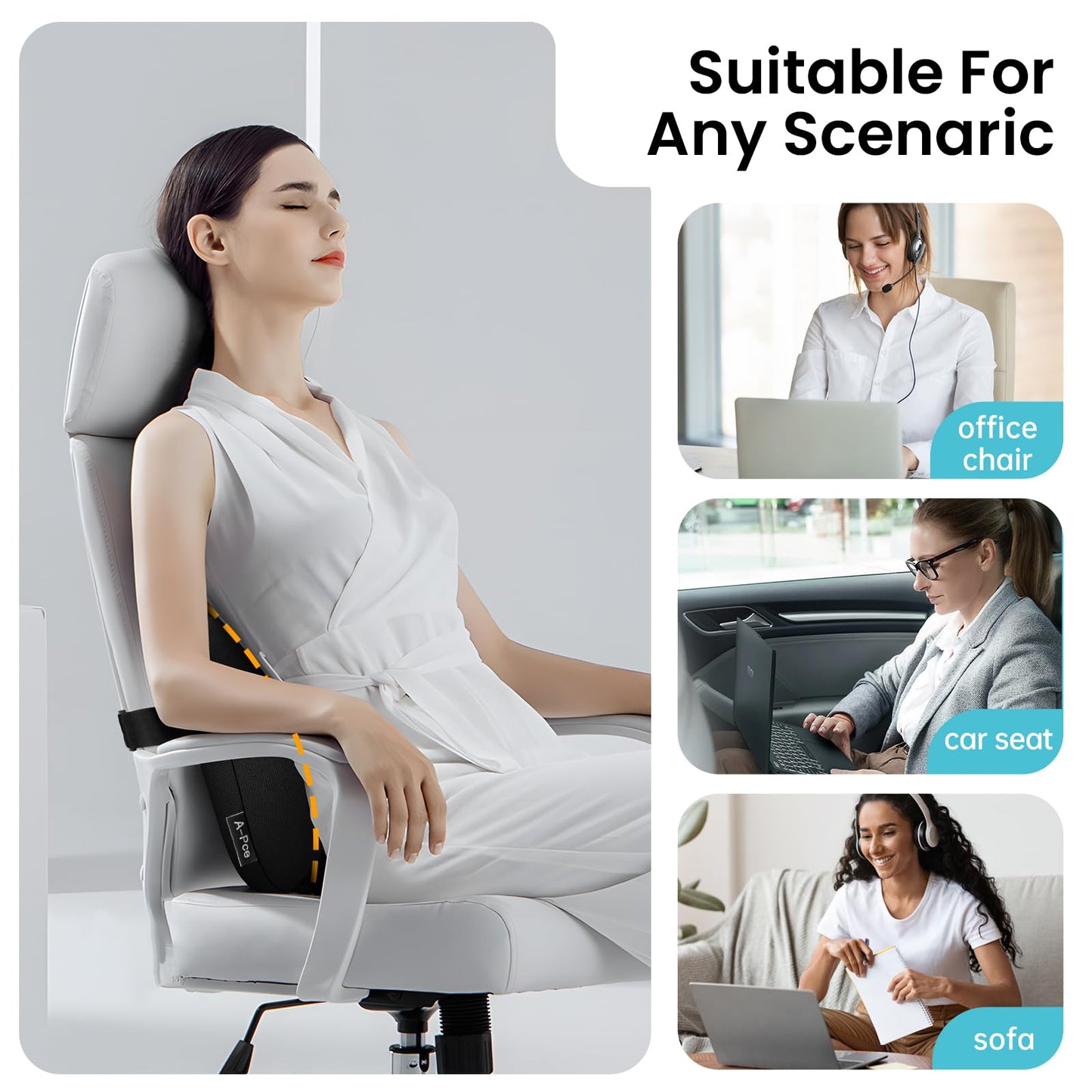 A-Pce Adjustable Lumbar Support Pillow,Improve Lower Back Pain Relief & Sitting Posture, Ergonomic Memory Foam Back Support Cushion for Long Sitting for Office Chair/Car/Plane-Black