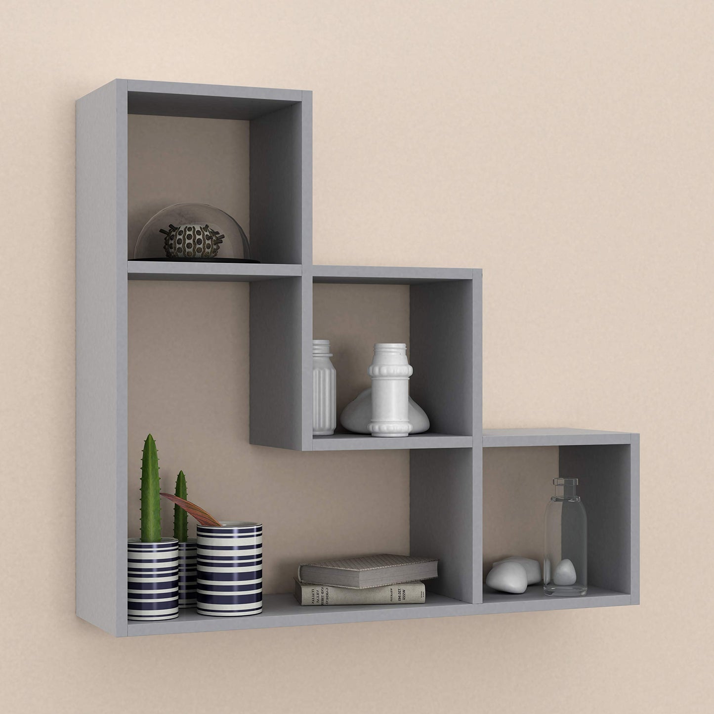 - URBNLIVING Lyon 3 Step Wooden Floating Wall Mounting Shelf Display Unit - Book Storage - Deco (Grey) -
