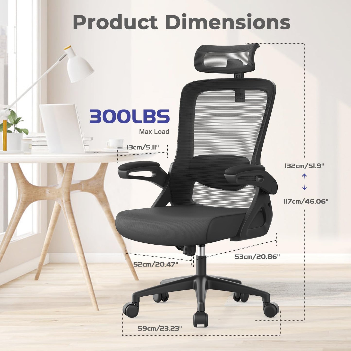 BareTay Office Chair Ergonomic Desk Chair with Adjustable Pillow Lumbar Support,Padded Flip-up Armrests,Headrest,Comfy Seat Cushion Mesh Office Desk Chair High Back Task Chair Swivel Computer Chair