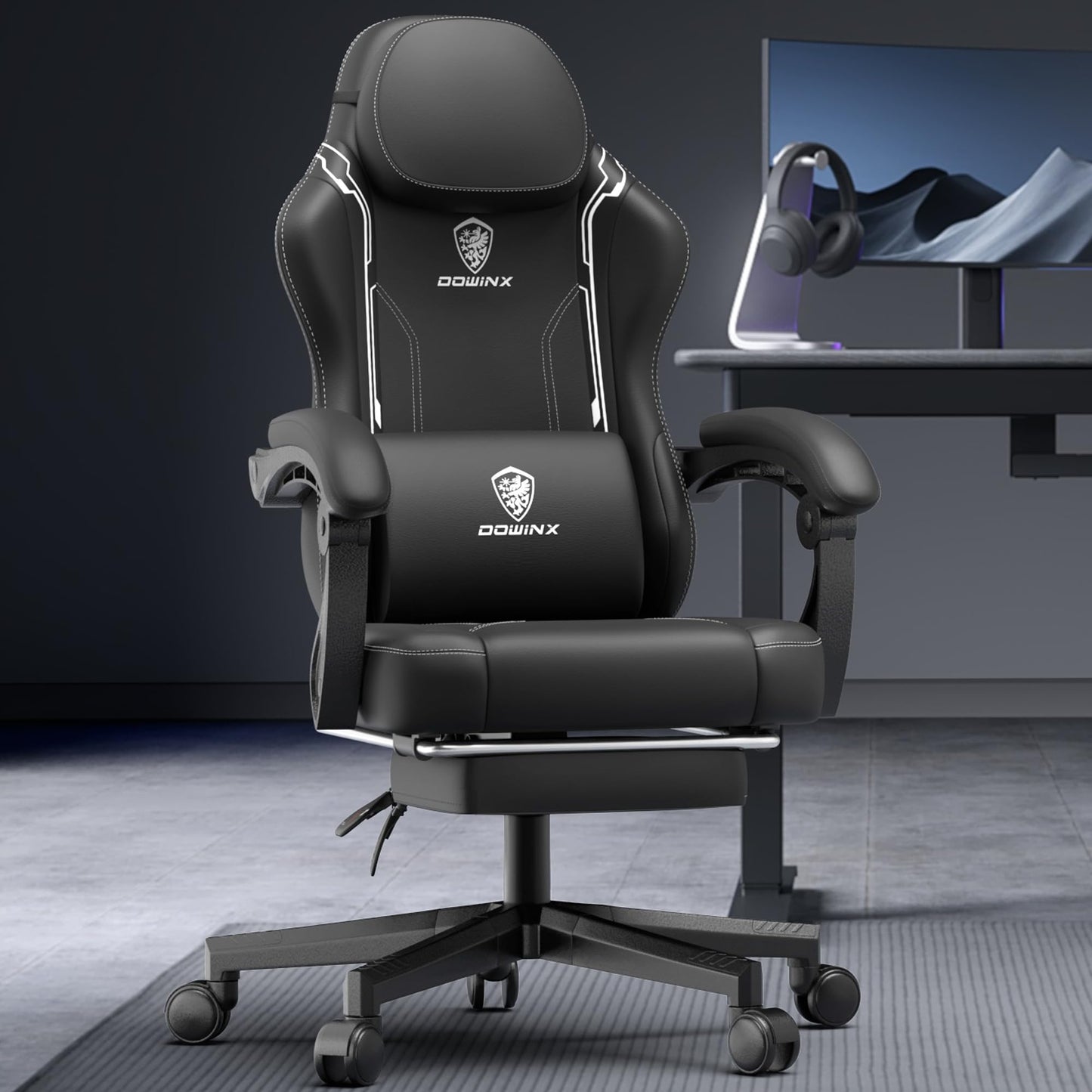 - Dowinx Gaming Chair with Footrest | Gaming Chair for Adults | Ergonomic Gaming Chair with Pocket Spring Cushion and Massage Lumbar Support | High Back | 200kg Black -
