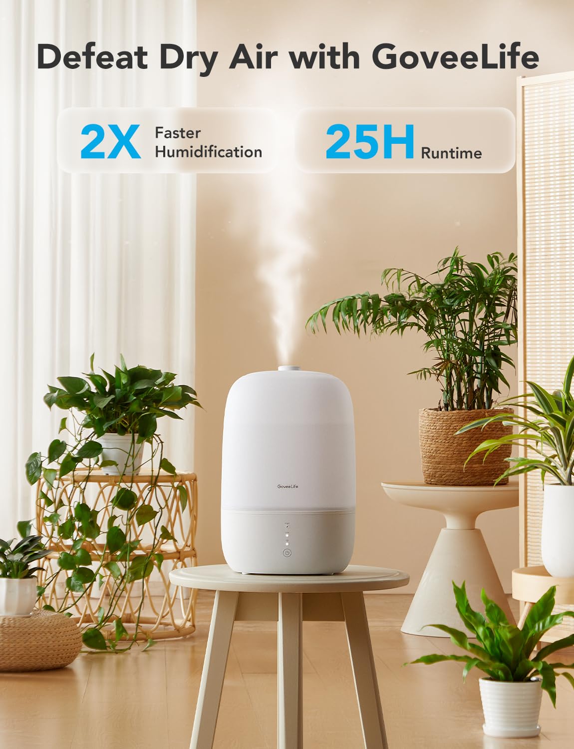 - GoveeLife Humidifier For Bedroom | 3L | Top Fill Cool Mist | WiFi Humidity Control -