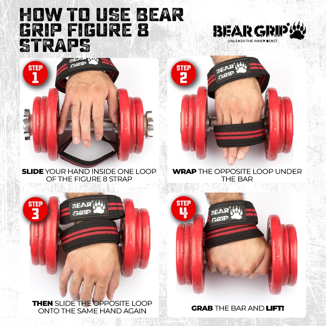 BEAR GRIP - Premium Figure 8 weight lifting straps (sold in pairs) (Black/White)