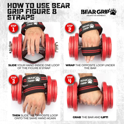 BEAR GRIP - Premium Figure 8 weight lifting straps (sold in pairs) (Black/White)
