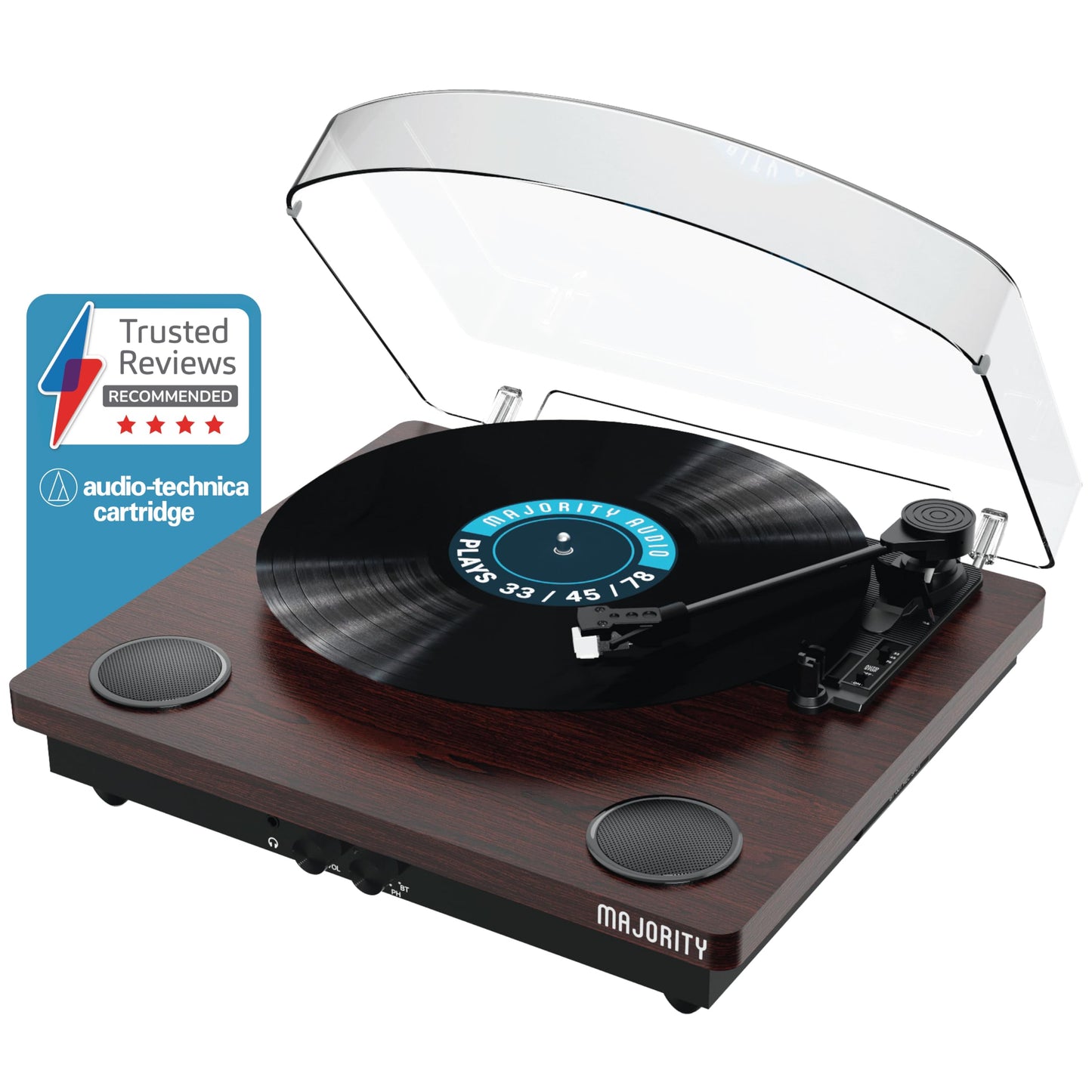 - Vinyl Record Player with Bluetooth In & Out | Premium Cartridge | USB Recording | AUX Input and RCA Output | In-built Stereo Speakers | Slipmat Included | MAJORITY Moto (Walnut) -