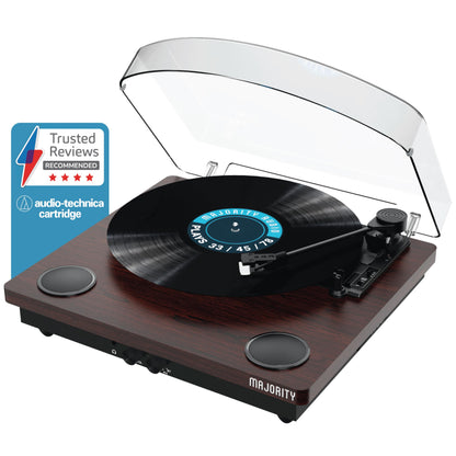 - Vinyl Record Player with Bluetooth In & Out | Premium Cartridge | USB Recording | AUX Input and RCA Output | In-built Stereo Speakers | Slipmat Included | MAJORITY Moto (Walnut) -