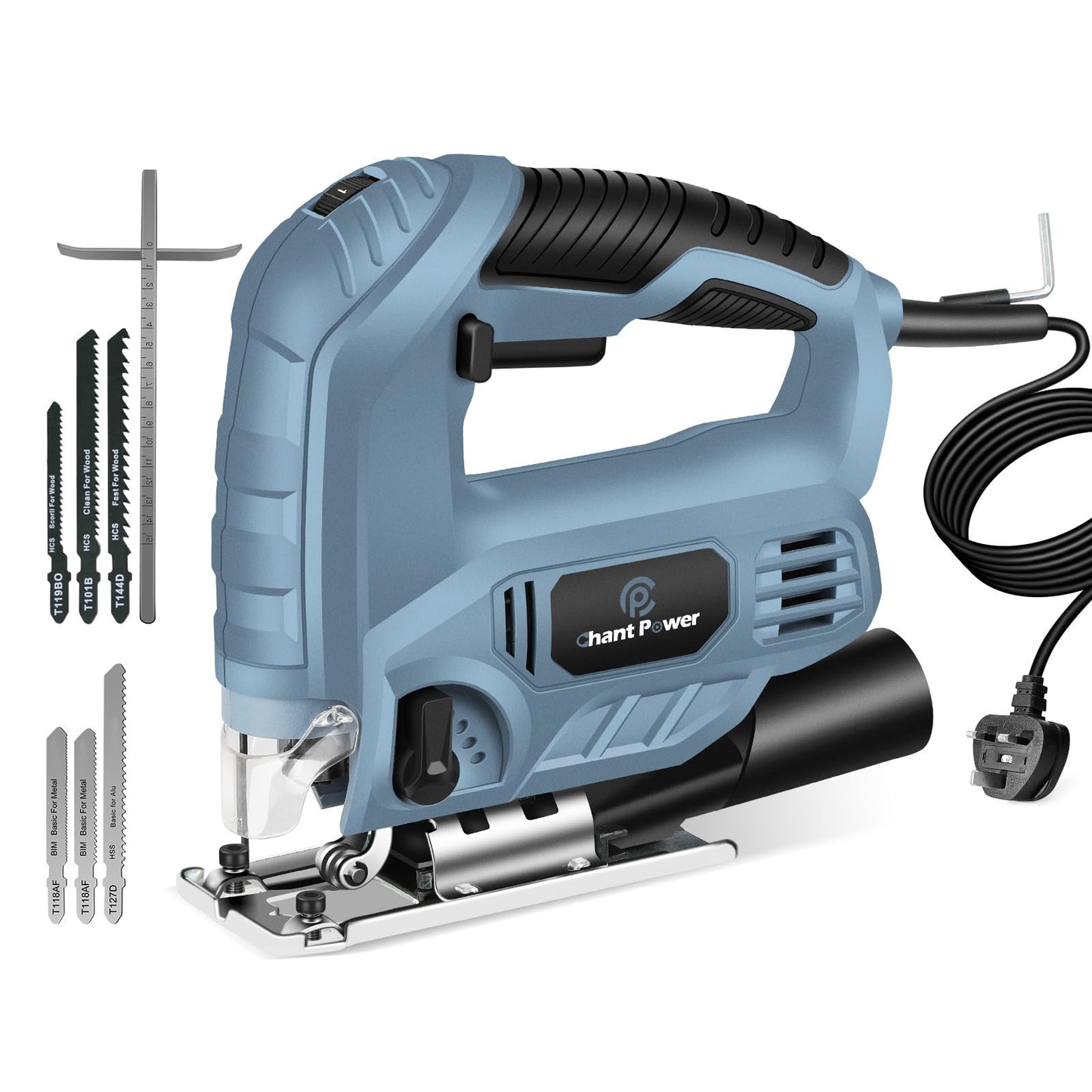 C P CHANTPOWER Jigsaw Tool, 600W 800-3000 SPM Jig Saw with 6 Variable Speed, 4 Orbital Sets, 6 T-Shank Saw Blades, Scale Ruler, ±45°Bevel Cutting Angle