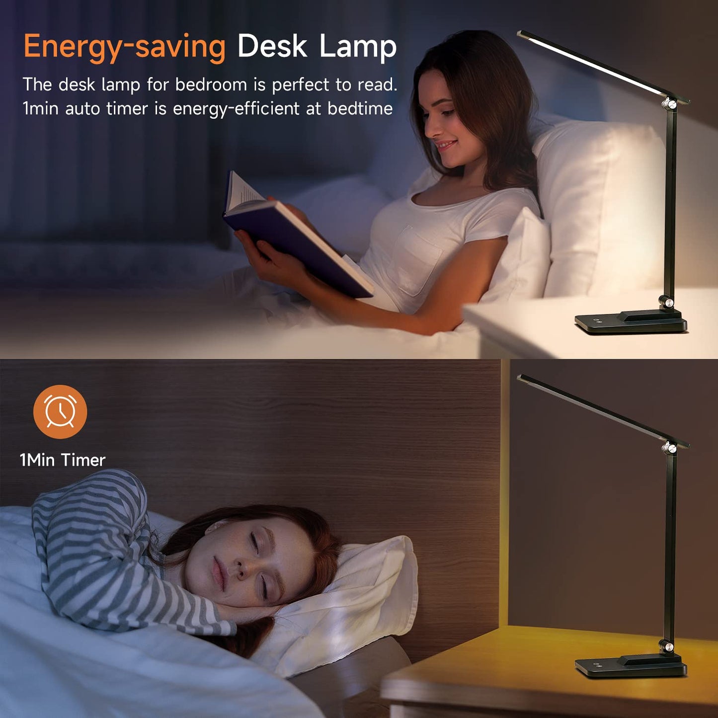 Desk Lamp LED Table Lamp,15 Modes LED Desk Lamp,Dimmable Bedside Lamps with Timer,Multi-Powered Desk Lamps for Study Lamp Reading Light,Adjustable Desk Light,Black Desk Lamp for Bedroom,Home,Office