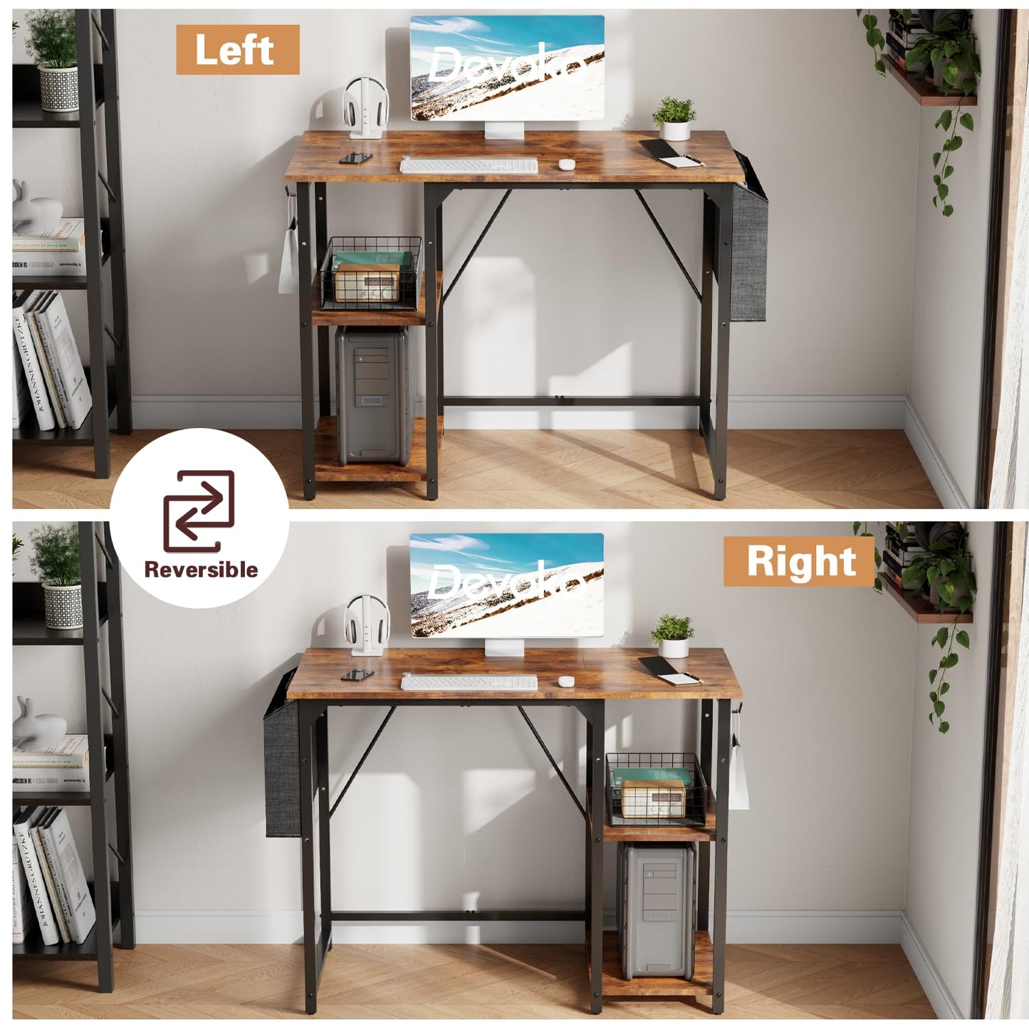 Devoko 100cm Computer Desk with Storage Shelves, Study Writing Desk Small Desks for Small Spaces, Home Office desk, Laptop Table for Home Workstations, Side Pocket Storage Bag, Rustic Brown
