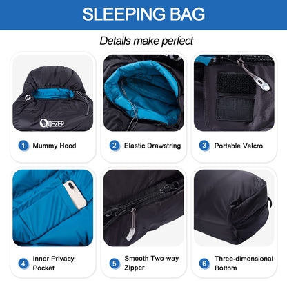 - QEZER Down Sleeping Bag for Adults | Lightweight Sleeping Bag  | -15 Degree C for 4 Seasons Camping -