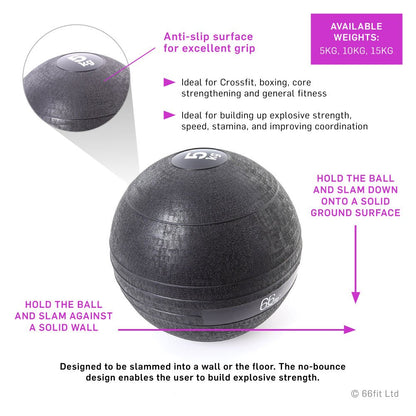 66fit Slam Ball - Black (10kg) Gym & Home Training for Workout, Strength Building, Resistance Training, Weight Loss