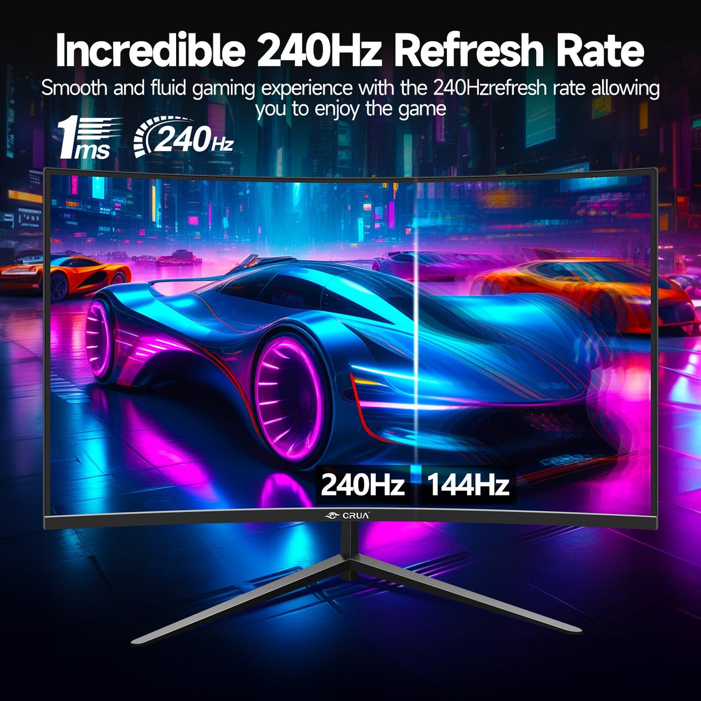 CRUA Gaming Monitor 32 Inch 240Hz, Curved PC Monitor Full HD 1080P 1500R Frameless Computer Monitor with FreeSync and Eye Care Technology, Supports VESA