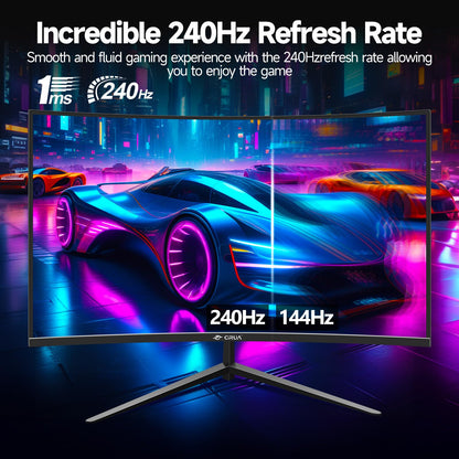 CRUA Gaming Monitor 32 Inch 240Hz, Curved PC Monitor Full HD 1080P 1500R Frameless Computer Monitor with FreeSync and Eye Care Technology, Supports VESA