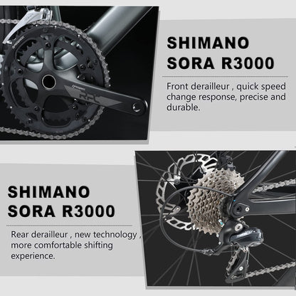 - KABON Carbon Gravel Road Bike | T800 Carbon Fiber Frame | 700C Road Bike | Shimano Sora 18 Speeds Drivetrain -