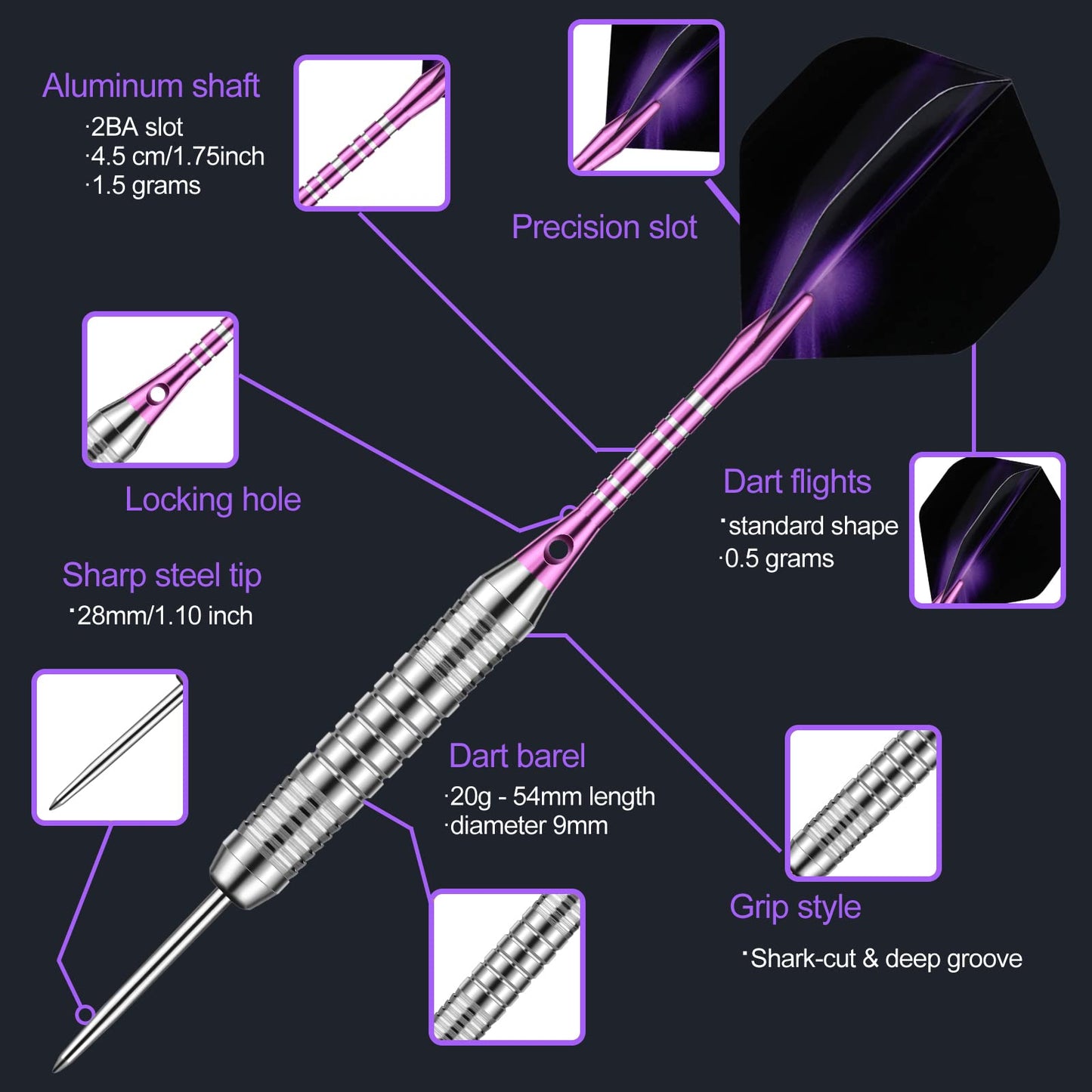 DARTSPACE 12 Pack Steel Tip Darts Set 22 24 Grams, Metal Tip Darts with Premium Black Purple Darts Stem 24 Flights Extra 50 Rubber O-Rings 1 Dart Sharpener Tool Kit for Dart Board