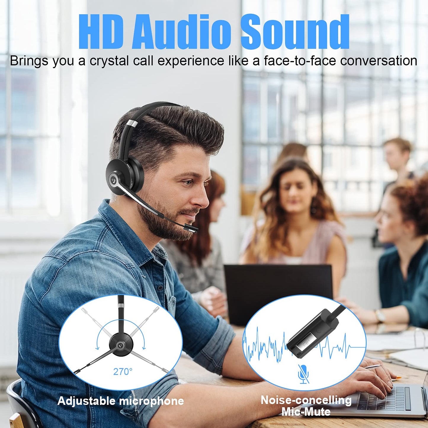 - YUWAKAYI Bluetooth Headset with Noise Canceling Microphone, V5.0, Mic Mute, Wireless Headphone for Laptop, Cell Phone, Tablet, Call Center, Office, Meeting,Online Class