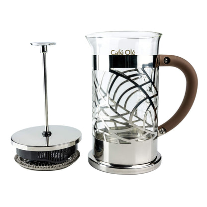Café Olé BM-03C Floral Cafetière, 350ml 1 Cup 18/10 Stainless Steel French Press Coffee Maker, Silver