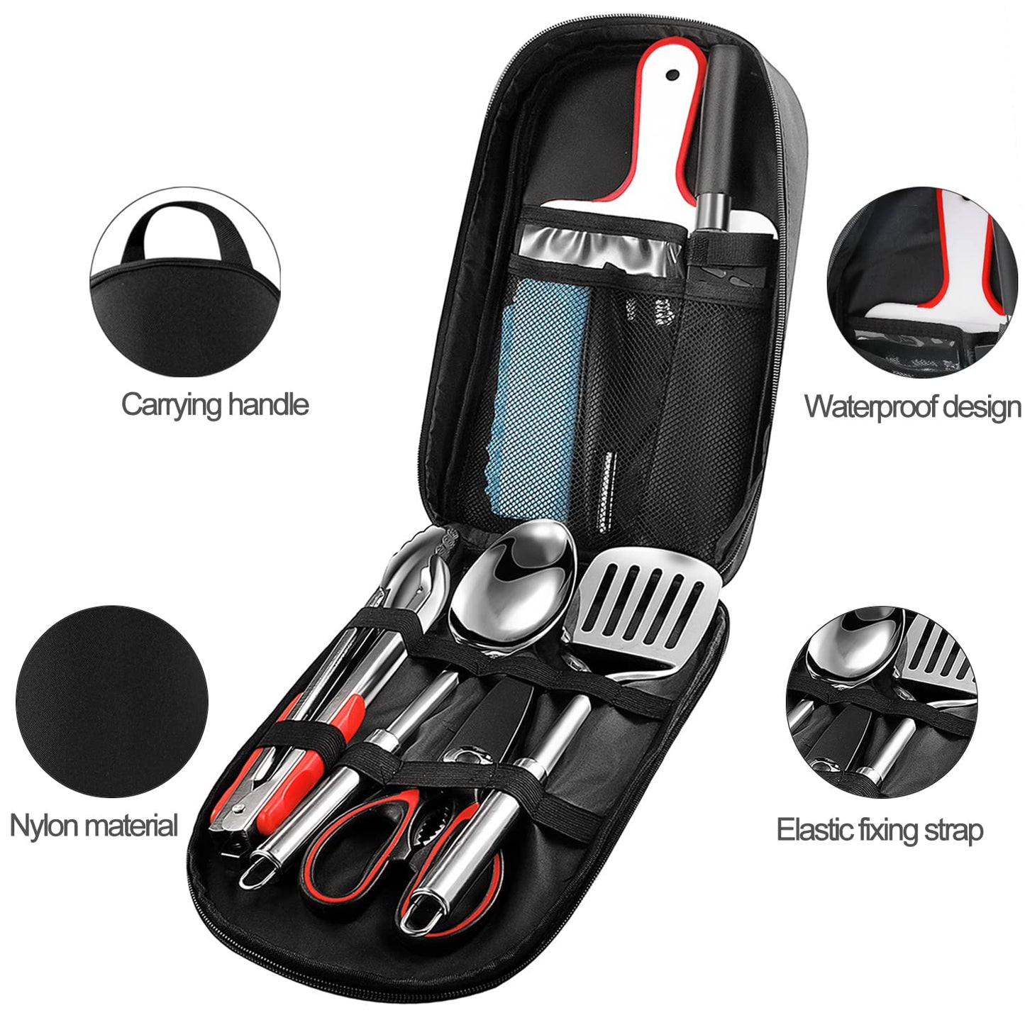Bakecat Camping Cooking Utensils Set, 9Pcs Camping Kitchen Utensils Organizer Travel Set, Black