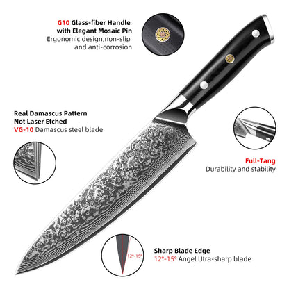 - Sunnecko Chef Knife 8 inch | Kitchen Knife with 73-Layer | VG10 Damascus Steel Sharp -