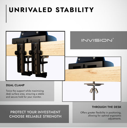 - Invision Dual Monitor Arm Desk Mount for 19 to 32 Inch Screens | VESA 75 & 100mm Desk Clamp Stand | Tool Free Height Adjustment with Tilt Swivel Rotate - Increased Load Capacity from 2-9kg (MX400) -