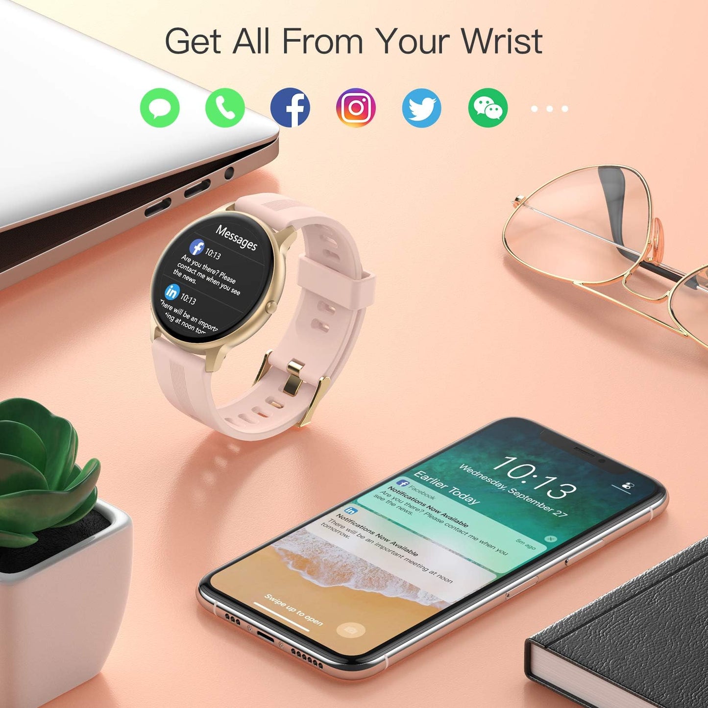AGPTEK Smart Watch for Women, 1.3'' Full Touch Fitness LW11 Watch with Female Health Tracking, Heart Rate Monitor, IP68 Waterproof Outdoor Sports Smartwatch for Android iOS Phones