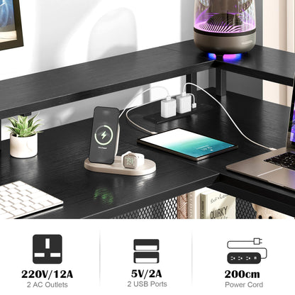 -Yornoli L Shaped Gaming Desk with Led Lights＆Power Outlet, 140cm Corner Gaming Desk for Home Office Computer Desk with Monitor Stand & Storage Shelves, Black