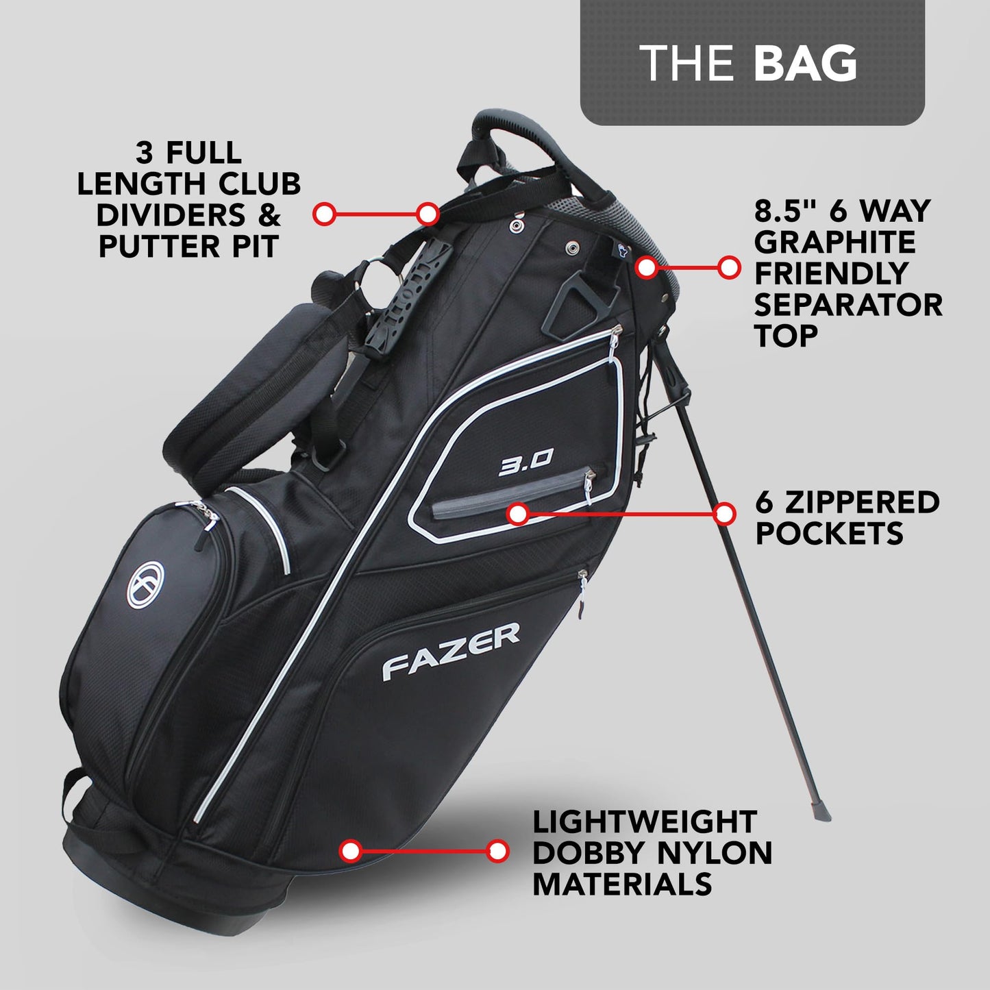 - FAZER 3.0 Lightweight Golf Stand Bag with a 6-Way Club Divider | Full-Length Club Dividers & 6 Zippered Pockets -