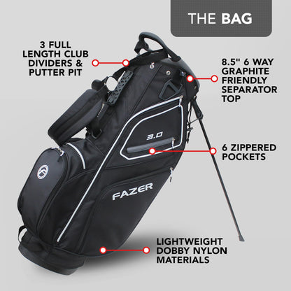 - FAZER 3.0 Lightweight Golf Stand Bag with a 6-Way Club Divider | Full-Length Club Dividers & 6 Zippered Pockets -