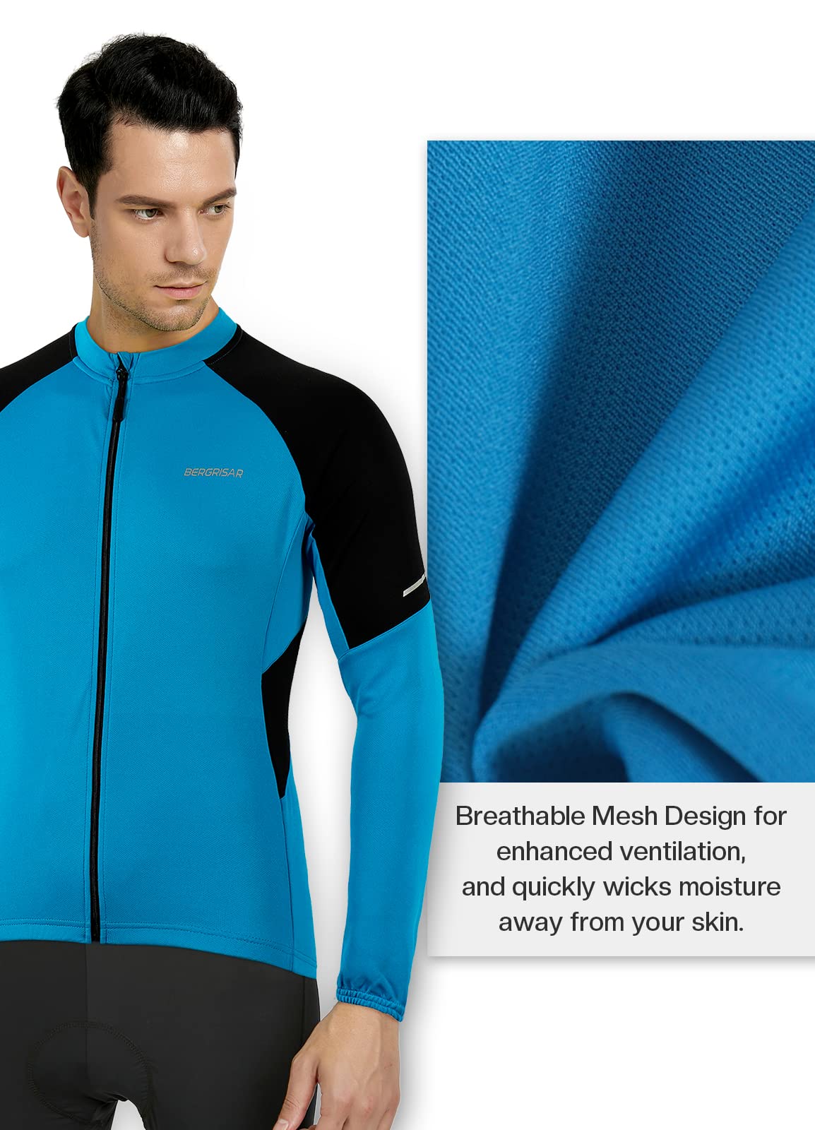 BERGRISAR Men's Cycling Jersey Tops Long Sleeve MTB Bike Shirts with 3+1 Rear Pockets BG012 Light Blue Size Medium