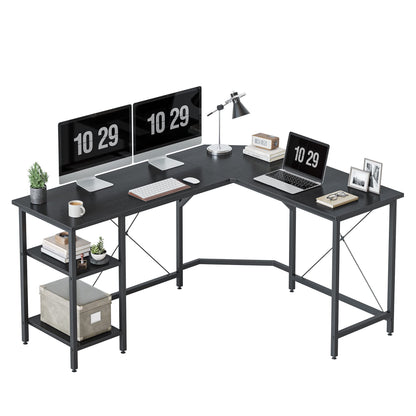 CubiCubi L Shaped Computer Desk, 150 cm Industrial Office Desk with Storage Shelves, White Wood and Metal Corner Desk for Home Office, Black