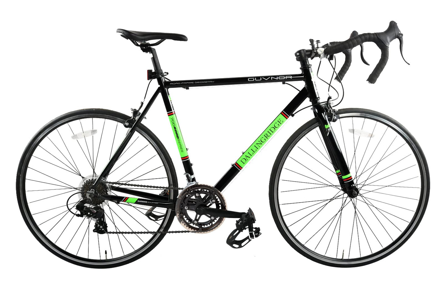Dallingridge Guvnor Adults Road Bike, Alloy Frame, 700c Wheel, 14 Speed - Gloss Black/Acid Green (56cm)