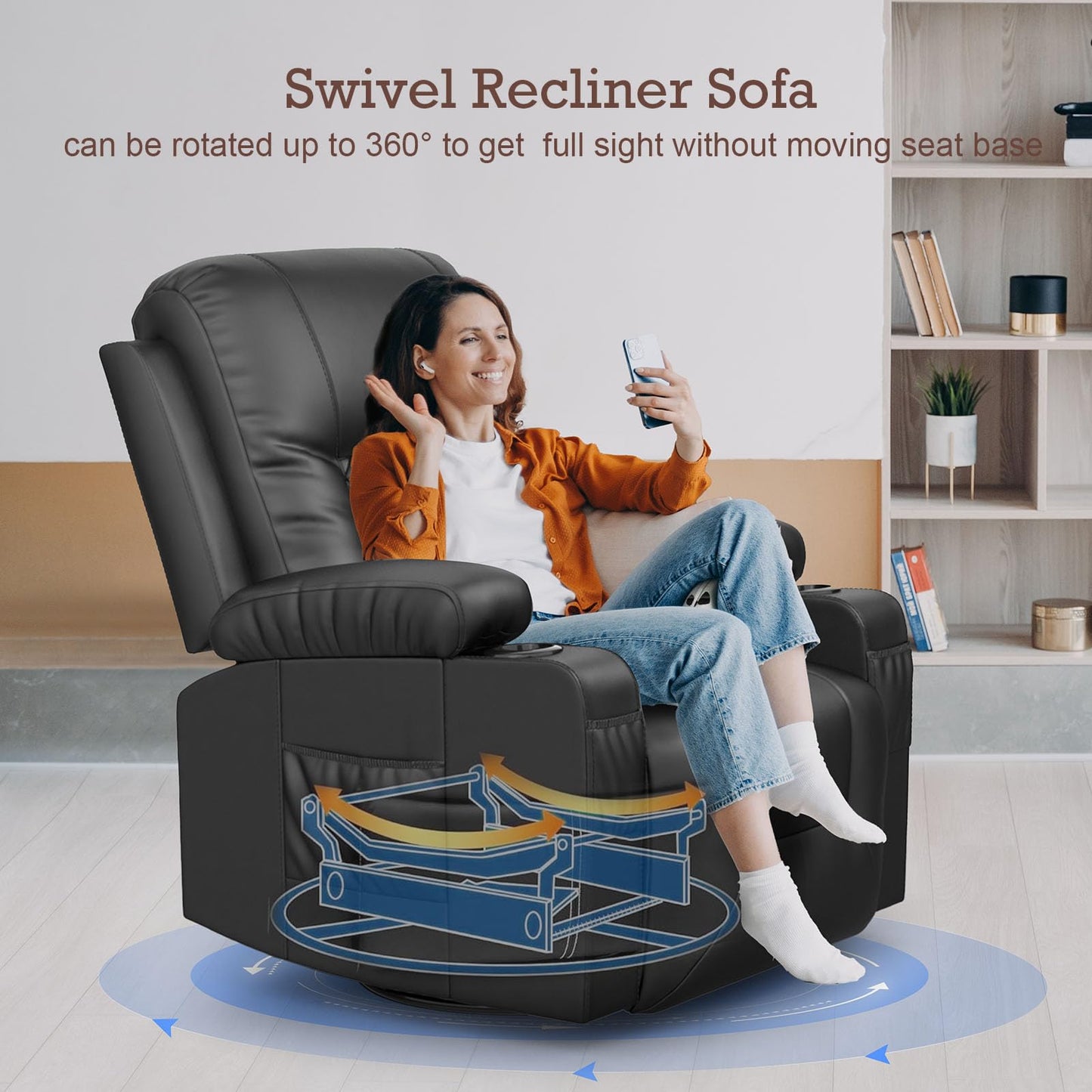 - YONISEE Recliner Chair, Swivel Recliner Rocker Chairs with 360° Rotate & 125° Rocking Mechanism, Extended Footrest, Swivel Armchair Single Sofa Living Room Lounge with Drink Holders & Side Pockets