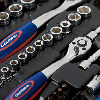 - WORKPRO 172-Piece Socket Set 1/2" 3/8" 1/4" Drive, Cr-V Metric Sockets with 72-Teeth Quick Release Ratchet Handle, Extension Bar & Universal Joints, Useful for Car Repairs, Professionals, Mechanics