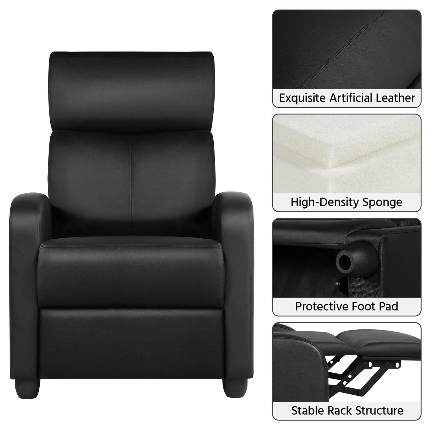 - Yaheetech Recliner Armchair Single Padded Seat, PU Black Leather Recliner For Lounge.