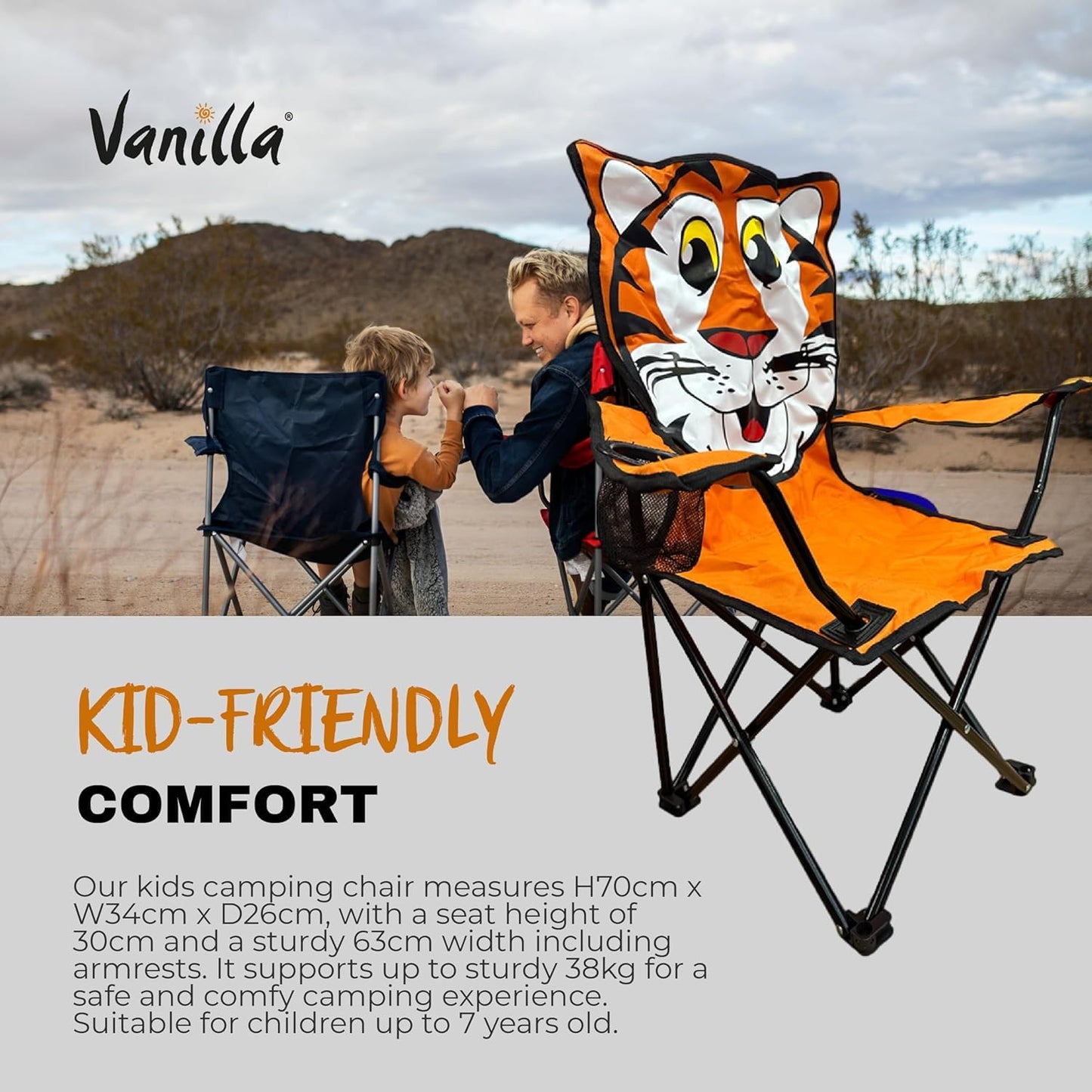 - Kids Camping Chair Tiger Kids Garden Chair | Toddler safety lock Durable & Lightweight -