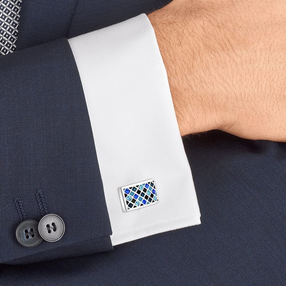 Crystal Cufflinks, Mr.Van Elegant Crystal Cufflinks Classic Fashion Rectangle Glimmering Cuff Links Set for Men's Business Wedding Party with Gift Box Elegant Style Blue
