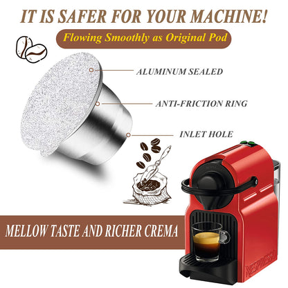 CAPMESSO Reusable Espresso Capsules Refillable Coffee Pod Stainless Steel Cups Compatible with Nespresso OriginalLine Brewer (2 Pods+100 Lids)