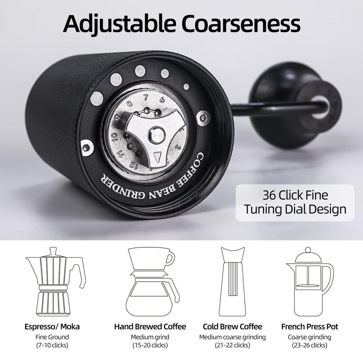 Azontion Coffee Grinder Manual CG30, 38mm Tiger Shark 420 SUS CNC Steel Burr, 36-Click Fine Adjustment, Portable Coffee Bean Grinder for Aeropress, Hand Pour, French Press, Espresso