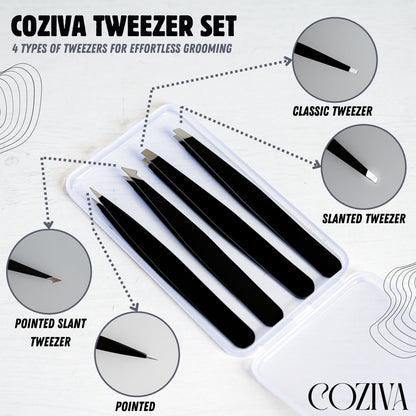 Coziva Professional Tweezers for Facial Hair Women & Men- 4 Pcs Precision Tweezer Set- Stainless Steel Eyebrow Tweezers Men - Ingrown Hair Tweezers for Facial Hair Removal & Grooming Needs