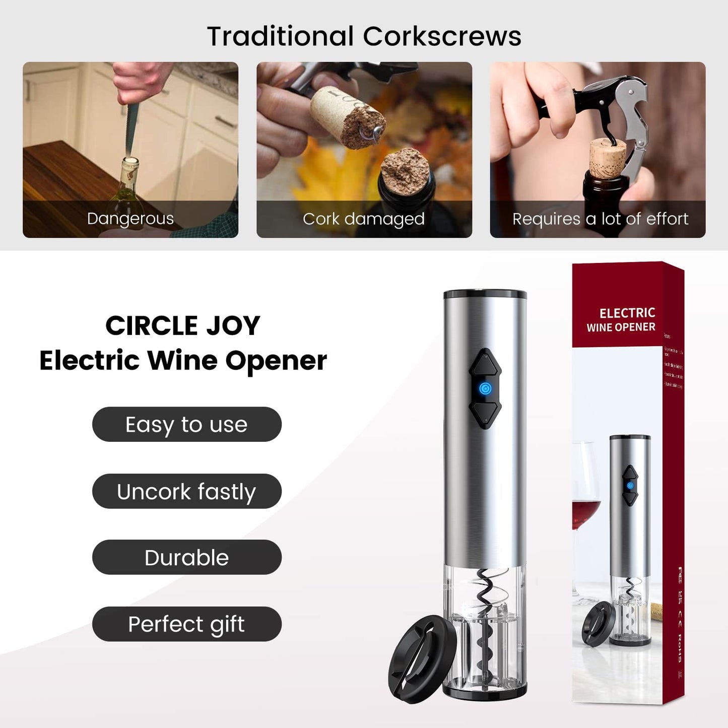 CIRCLE JOY Electric Wine Opener Battery Operated Wine Bottle Openers Stainless Steel Corkscrew with Foil Cutter, Silver