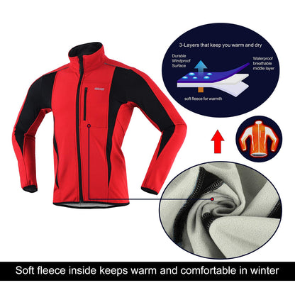 ARSUXEO Cycling Jacket Mens Waterproof Windproof Softshell Winter Thermal Breathable Bike Outerwear 15K Red Size Large