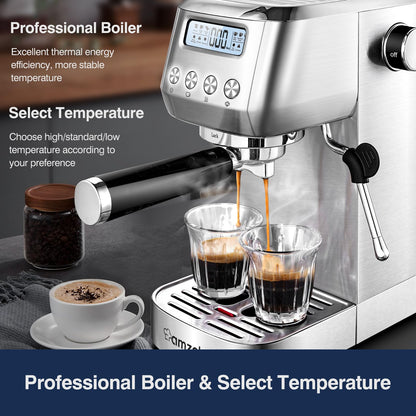AMZCHEF 20 Bar Espresso Coffee Machines with LCD Panel and Steam Milk Frother, Compact Cappuccino and Latte Machine, All In One Coffee Machine for Home Use with 1.3L Removable Water Tank, 2 Filters