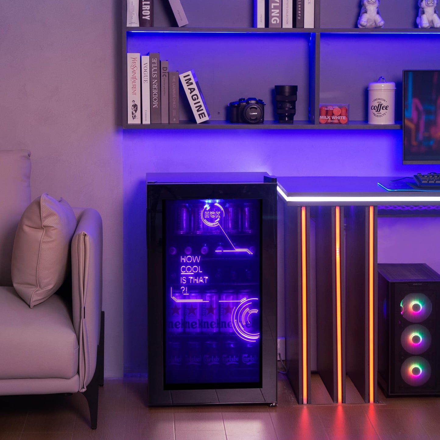 - HCK 98L Cyberpunk Mini Beer Fridge with Glass Door | Beverage Refrigerators | 0-10°C | Led Light -