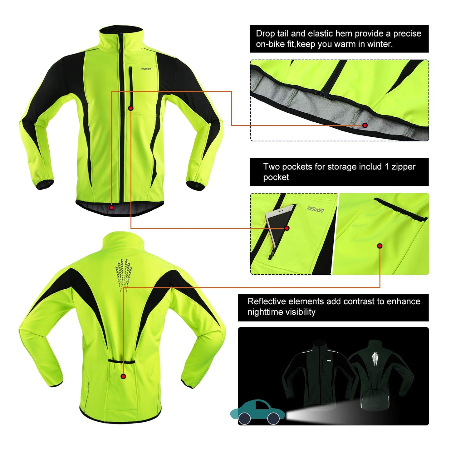ARSUXEO Cycling Jacket Mens Waterproof Windproof Softshell Winter Thermal Breathable Bike Outerwear 15K Green Size Large