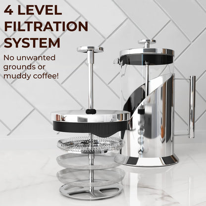 Cafe Du Chateau French Press Coffee Maker, Large Cafetiere - Stainless Steel Coffee Press & Tea Brewer, Coffee Brewer & Plunger, 4-Level Filtration French Press, 34oz